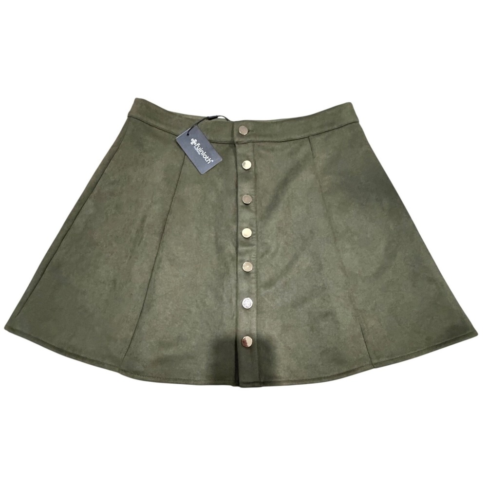 Olive Green Faux Suede Button Front A-Line Mini Skirt XL Retro Mod Festival